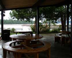 View toward the lake from the outdoor eating area at the restaurant.