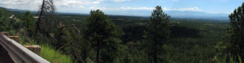 The view onto the Los Alamos mesa. We are camped in the mountains at the distance