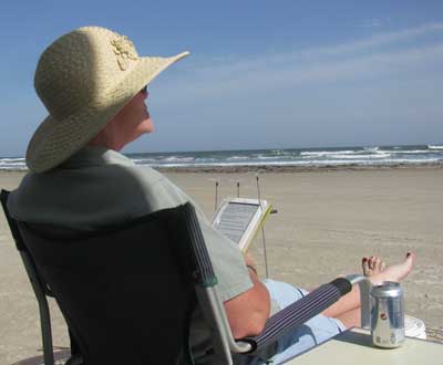 Meanwhile, Gwen is  watching the kite action, drinking a diet soda and reading her nook.