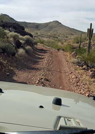 In the Jeep searching the desert