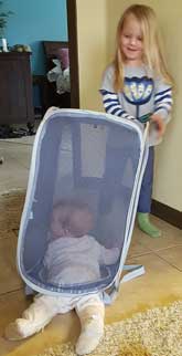 Elise climbs into my laundry basket