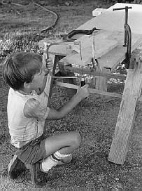 Joe illustrating how to use a coping saw