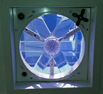 The ShurFlo, variable speed fan is installed