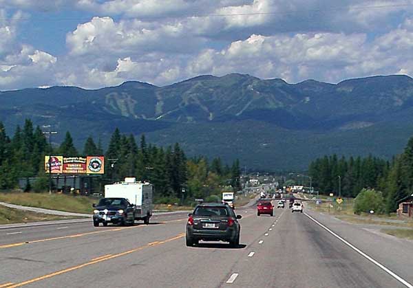 Entering Whitefish Montana with the Whitefish Ski Resort in the distance