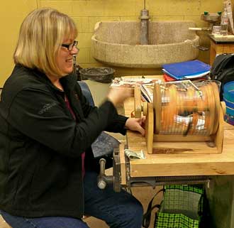 At the woodturning club, spinning the raffle tickets looking for winners