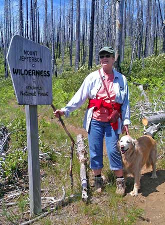 The trailhead to Square Lake begins at the west end of Round Lake. The hike takes us into the Mt. Jefferson Wilderness Area. Behind: Note all the new tree seedlings from this ten year old burned forest.