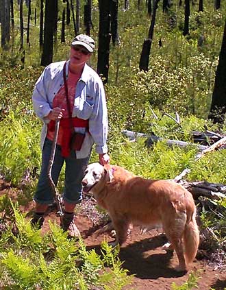 Gwen and Morgan on the trail, Behind: wider view of the Mt. Jefferson Wilderness.