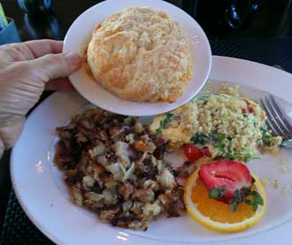 The "Powerfood Breakfast" with egg beaters, Behind: Our view of Mt. Washington from our breakfast table. 