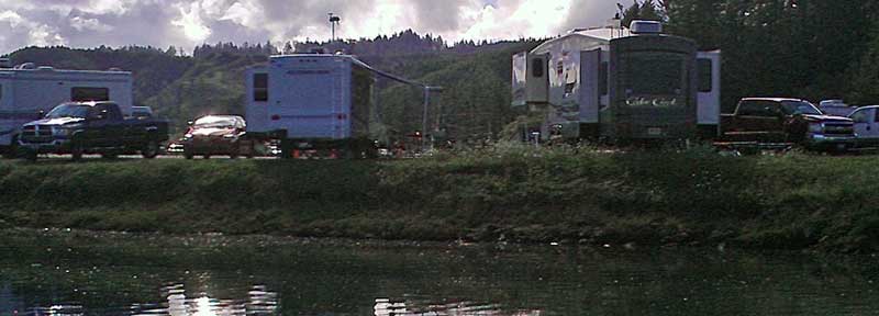 Our rigs from the pier, Behind: The Bone Breaker, at the end of the pier only 100 feet from our camping location.