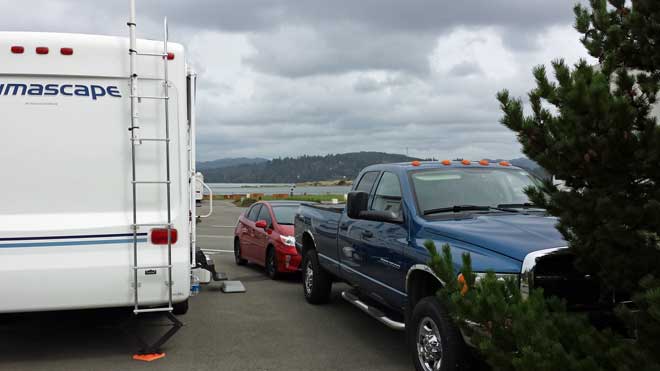 Parked at the Mill Casino RV Park in North Bend, Oregon, site 38, Behind: Panorama from out site