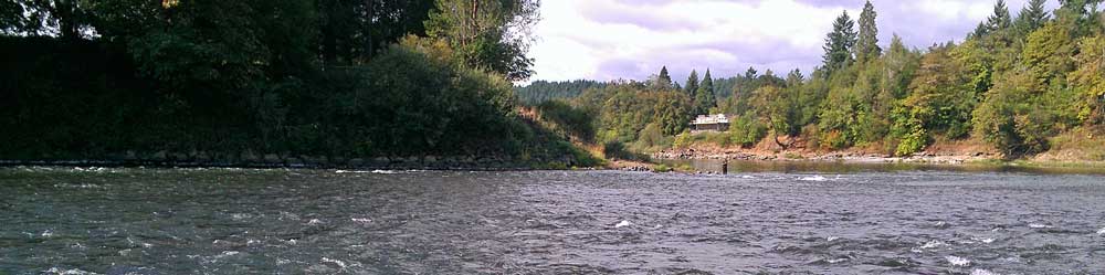 The South Umpqua River flows into the North Umpqua River, Behind: plenty of grass at this park, Miss Scarlet in the distance. 