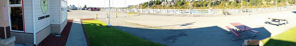 Morgan and I started our day at this coffee shop next to Brookings Harbor, Behind: panorama from the center of the harbor