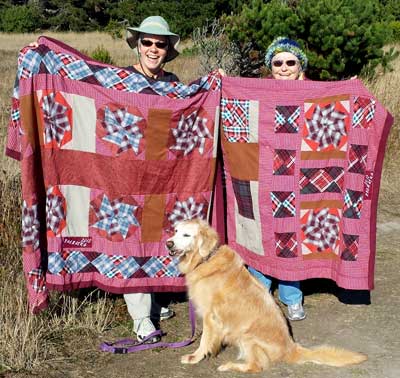 Dorana and mom show off two special quilts, Behind: close-up view of the quilts