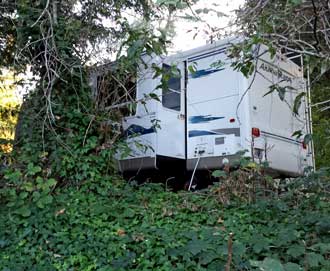 Parked at the Dean Creek Resort near Redway, CA, Behind: Front view of our camping space