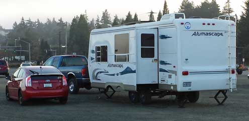 Free parking at The Mill Casino, Coos Bay, Oregon, Behind: Panorama of our parking