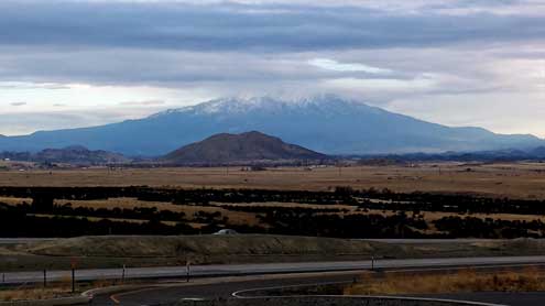 Mt. Shasta off Interstate 5 driving south, Behind: Panorama of rest stop