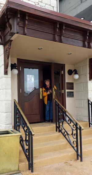 Gwen entering the Historic Mispah Hotel in Tonopah, Nevada, Behind: Built in 1907 was once the tallest building in Nevada