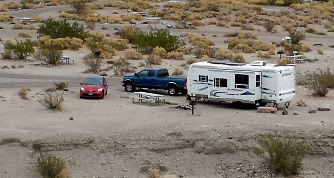 Our perfect campsite at Mesquite Springs, 6 miles from Scotty"s Castle, Behind: Panorama of the Mesquite Campground
