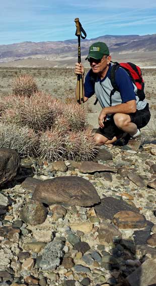 Examining barrel cactus, Behind: view from the highest point of my hike