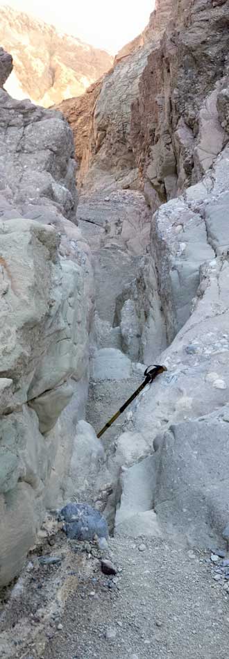 The canyon narrows at the mouth, Behind: Narrow "S" trail through Gower Gulch