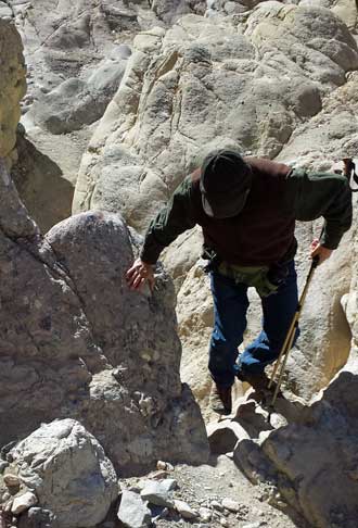 A scramble up Gower Gulch, Behind: Gwen entering Gower Gulch at the mouth