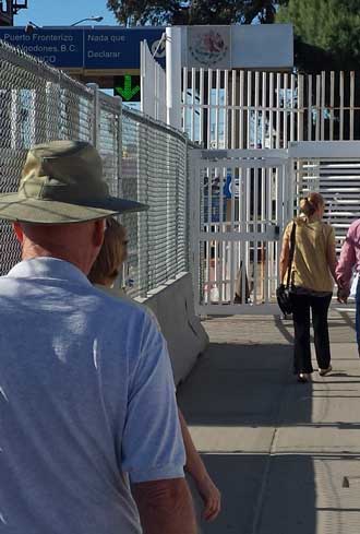 Walking into Mexico, Behind: Many RV door stained glass windows to choose from.