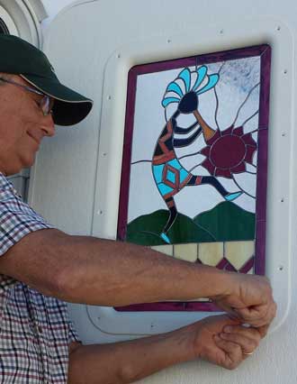 The stained glass installed, Behind: inside view