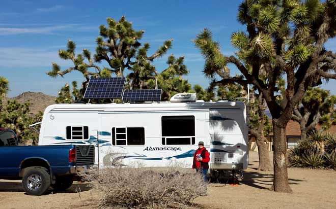 Our Black Rock Canyon Campground site in Joshua Tree National Park, Behind: Inside the Joshua Tree National Park Visitor Center. 