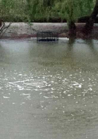 During the rain the pond fills, then drains down the mountain