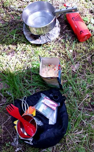 First time to cook backpack food in twenty years, Behind: Tastes good.