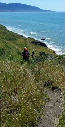 Descending to the beach, our fist view of our destination at the far point. That's Shelter Cove. Behind: Lane checks for other hikers around the point.