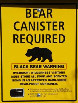 Bear canister required, Behind: Lost Coast Trail information