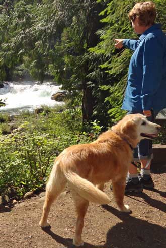 Gwen and Morgan at Deadline Falls on the North Umpqua River, Behind: Deadline Falls