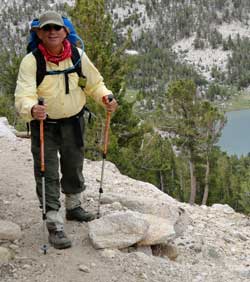 On the trail above Charlotte Lake, Behind: A steep trail up the south side of Glen Pass