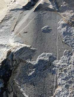 Evidence of glacier polish, Behind: excellent rock work by the PCT trail crew