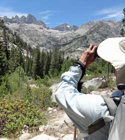 View back toward Mather Pass, Behind: Campsite next to noisy King River