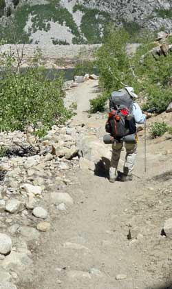 South Lake (our destination) is in sight, Behind: a horse and mule pack train heading to Long Lake