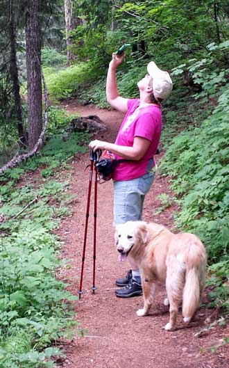 Gwen and Morgan on the trail to the first Twin Lake, Behind, view of the Umpqua River valley