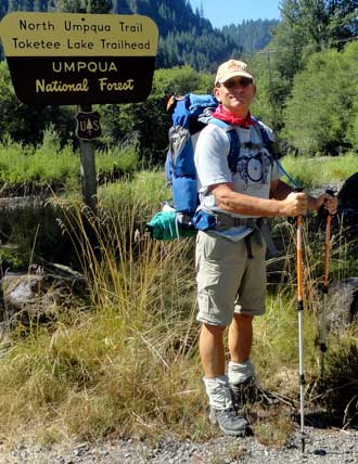 The "before" photo at the trailhead, behind: hiking next to the North Umpqua River