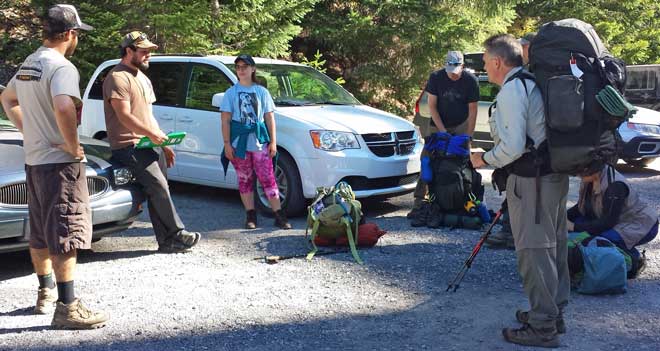 The crew gathering at the trailhead, Behind: on the trail toward Jefferson Park