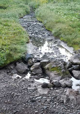 My glacier fed stream, only feet from my hammock, is dry every morning but running well in the afternoon. 