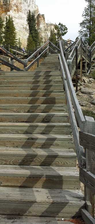 Steep Red Rock stairway, Behind: Looking across to north Rim at Uncle Toms trail