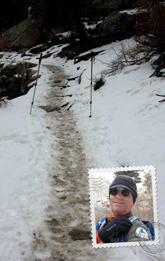 Serious snow on the trail, Behind: Lone Pine Lake on the return hike