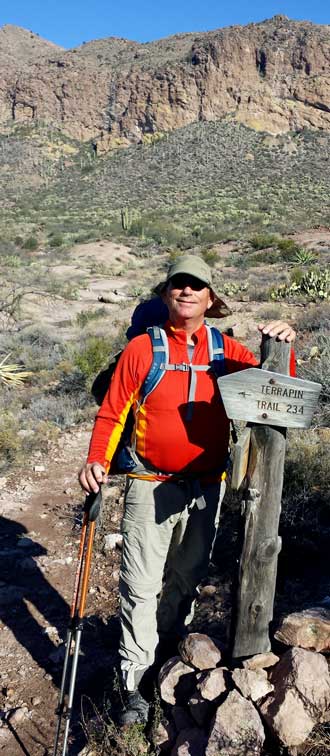 A a trail junction, Behind: Summit of a pass