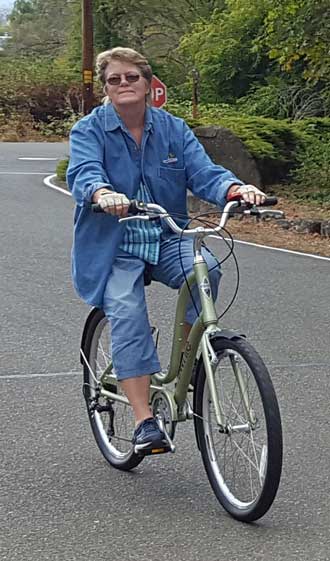 Gwen's first ride at home. She DID find her helmet later.