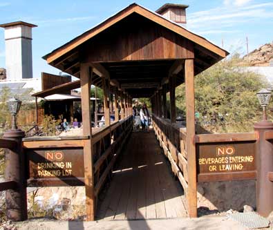 Entrance to the eating, drinking and music area across the bridge