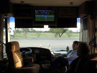 A Super Bowl party inside a motor home