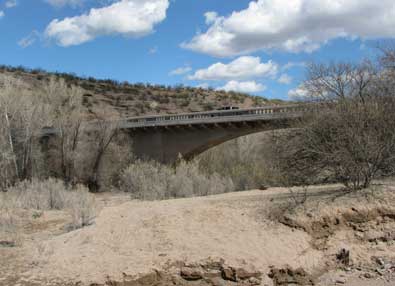 Crossing the Gila River on the single lane Safford Bridge.