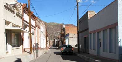 The narrow main street of Clifton, nearly a ghost town business district. 