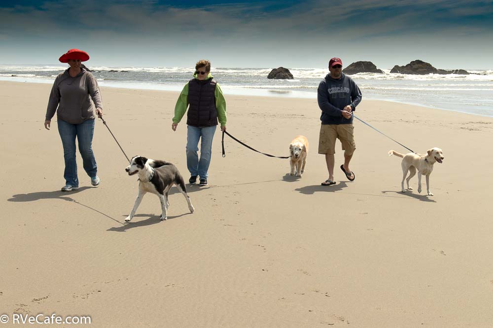 Gwen with Dave and Brook and the 3 dogs on Bandon beach